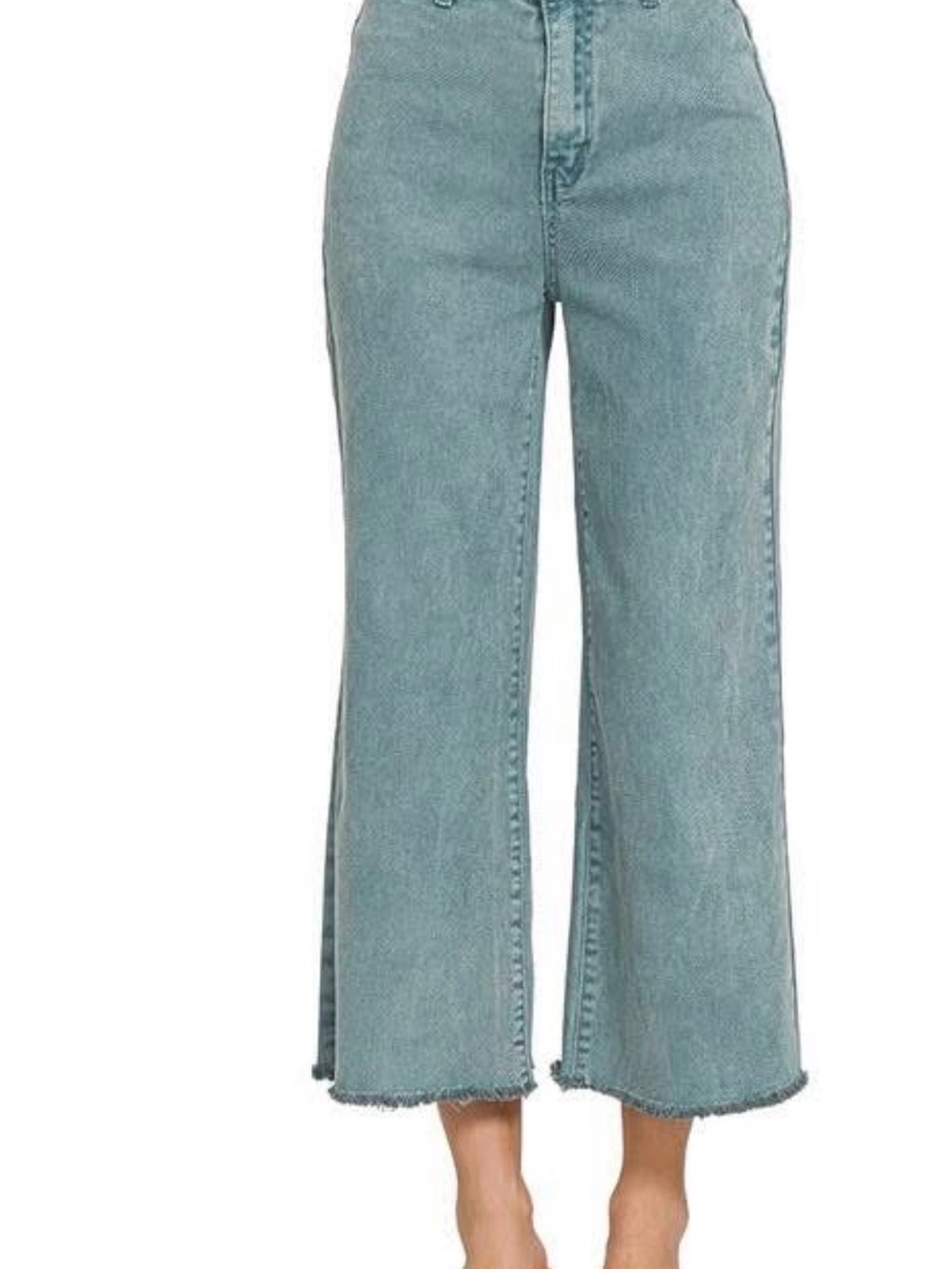 Zenana light green twill raw edge cropped hem